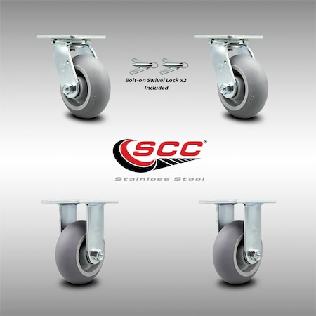 Service Caster 5 Inch SS Thermoplastic Caster Set with Roller Bearing 2 Swivel Lock 2 Rigid SCC SCC-SS30S520-TPRRD-BSL-2-R-2